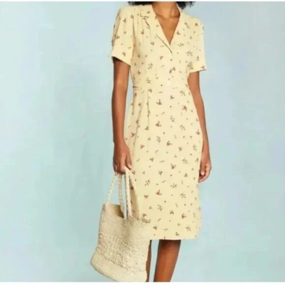 Rouje Paris Womens Midi Plunge Neck Dress Yellow Floral Size 34 US 2 Summer Lux - Picture 1 of 12